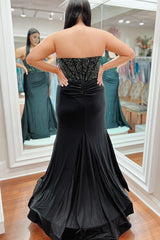 Black Beaded Strapless Trumpet Long Prom Dress with Slit