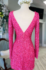 Neon Pink Sequin V-Neck Long Sleeve Short Party Dress