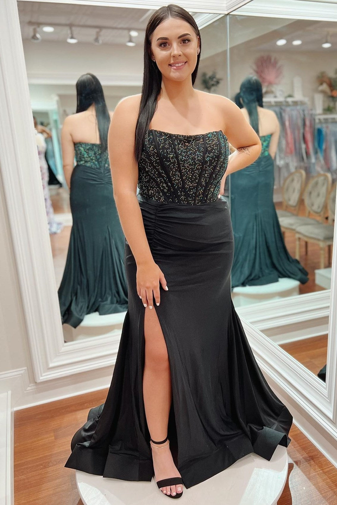 Black Beaded Strapless Trumpet Long Prom Dress with Slit