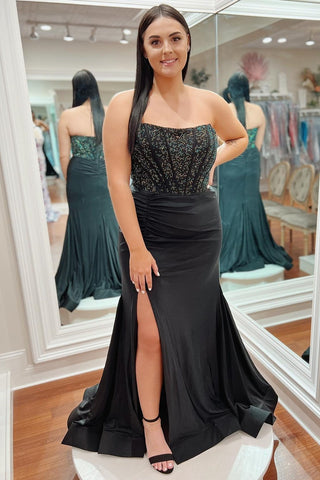 Black Beaded Strapless Trumpet Long Prom Dress with Slit