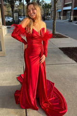 Red Strapless Long Prom Dress with Detachable Sleeves