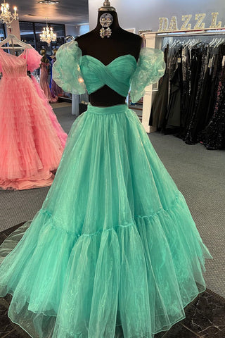 Green Two-Piece Off-the-Shouder Puff Sleeves Organza Long Prom Dress