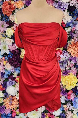Red Cowl Neck Off-the-Shoulder Ruched Short Party Dress