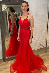 Red Tulle Lace Cowl Neck Backless Trumpet Long Formal Dress