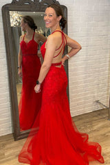 Red Tulle Lace Cowl Neck Backless Trumpet Long Formal Dress