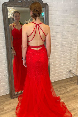 Red Tulle Lace Cowl Neck Backless Trumpet Long Formal Dress