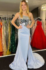 Light Blue Cut Glass Mirror One-Shoulder Trumpet Long Formal Dress with Slit