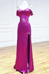 Magenta Cold-Shoulder Belted Long Prom Dress with Slit