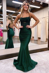 Hunter Green Lace Backless Mermaid Long Prom Dress