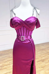 Magenta Cold-Shoulder Belted Long Prom Dress with Slit