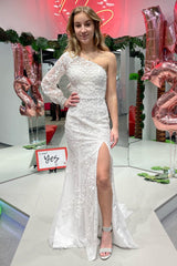 White Floral Applique One-Sleeve Mermaid Long Prom Dress with Slit