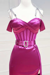 Magenta Cold-Shoulder Belted Long Prom Dress with Slit