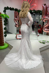 White Floral Applique One-Sleeve Mermaid Long Prom Dress with Slit