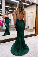 Hunter Green Lace Backless Mermaid Long Prom Dress