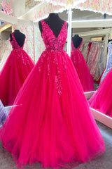 Fuchsia V Neck Sleeveless Applique Tulle Long Prom Dress