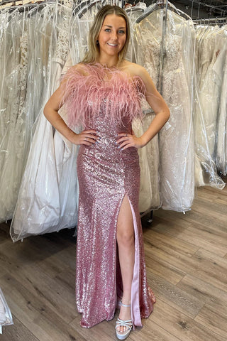 Mermaid Sequins Strapless Long Prom Gown with Feathers and Slit