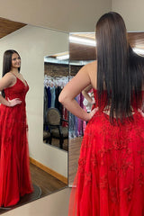 Red A-line V Neck Lace-Up Back Appliques Long Prom Dress with Slit