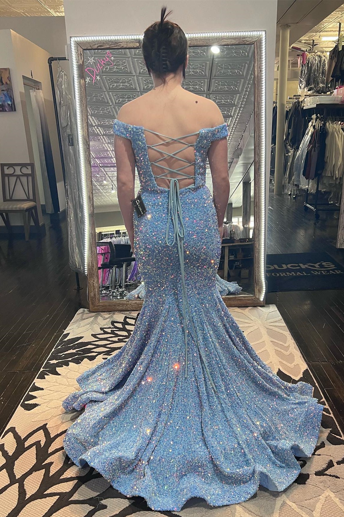 Mist Mermaid Off-the-Shoulder Lace-Up Back Sequins Sweeping Long Prom Dress