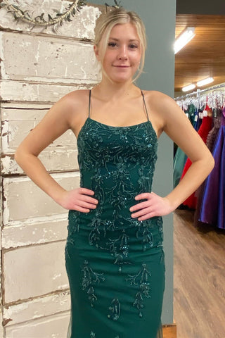 Hunter Green Mermaid Spaghetti Straps Lace-Up Back Applique Long Prom Gown