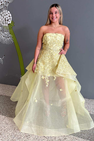 Yellow Floral Lace Strapless Layers A-Line Long Prom Dress