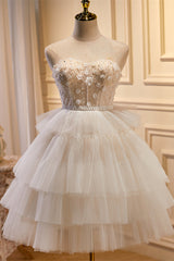 Off-White Tulle 3D Floral Lace A-Line Tiered Homecoming Dress