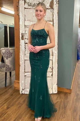 Hunter Green Mermaid Spaghetti Straps Lace-Up Back Applique Long Prom Gown