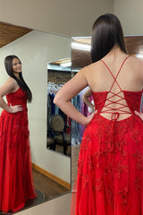 Red A-line V Neck Lace-Up Back Appliques Long Prom Dress with Slit