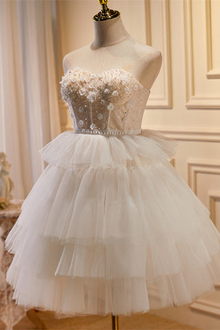 Off-White Tulle 3D Floral Lace A-Line Tiered Homecoming Dress