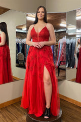 Red A-line V Neck Lace-Up Back Appliques Long Prom Dress with Slit