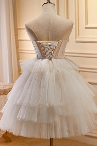 Off-White Tulle 3D Floral Lace A-Line Tiered Homecoming Dress