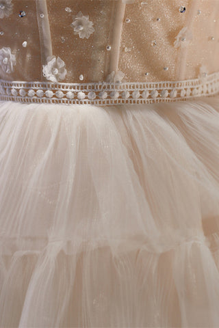 Off-White Tulle 3D Floral Lace A-Line Tiered Homecoming Dress