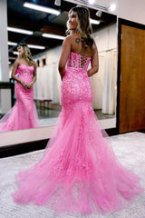 Sweetheart Hot Pink Floral Lace Trumpet Long Prom Dress