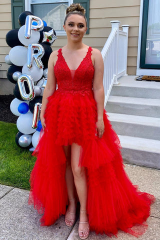 High-Low Red Lace Plunge V Tiered Prom Dress with Ruffles
