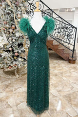 Green Sequin Feather V-Neck Long Formal Dress