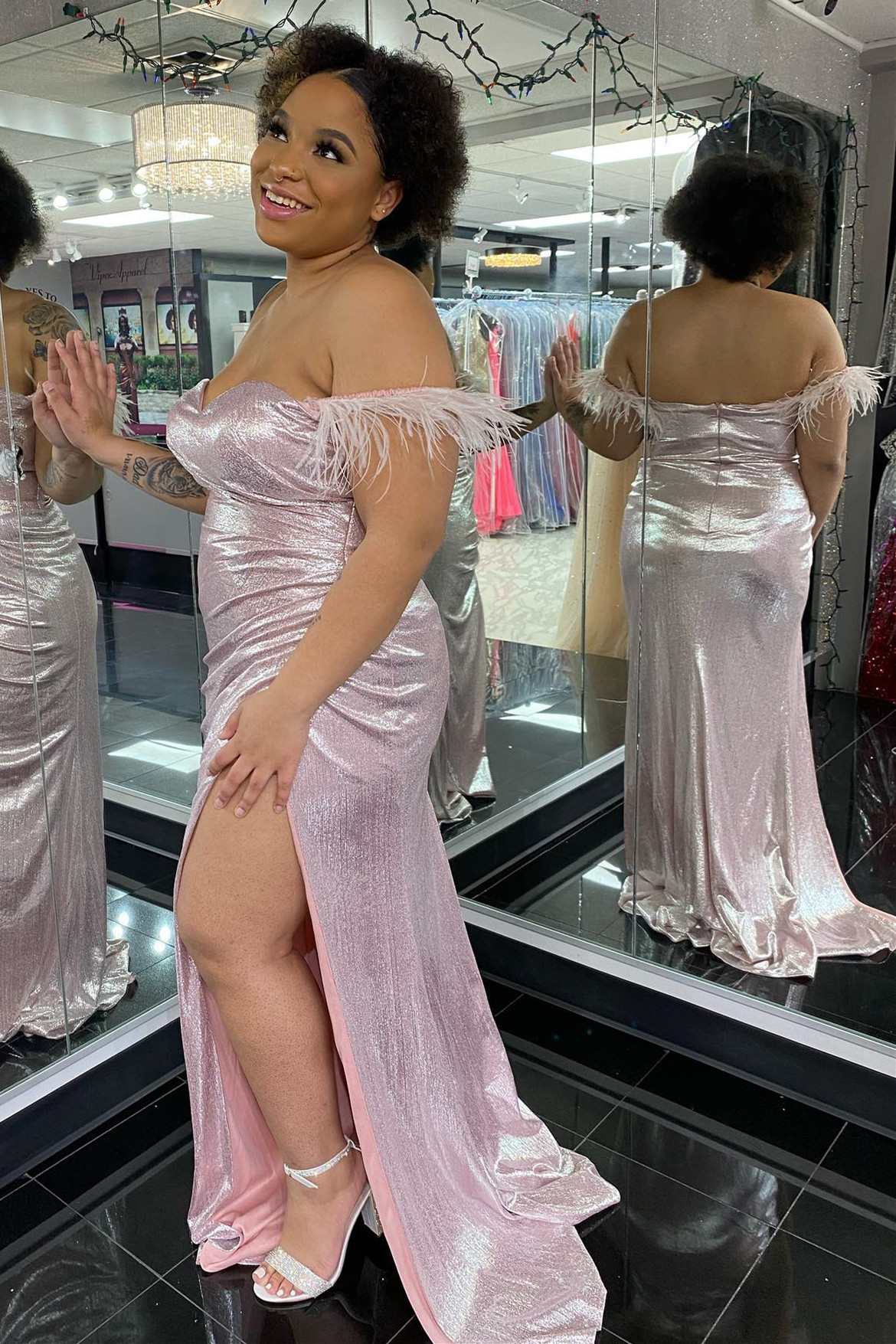 Pink Sequins Feathers Off-the-Shoulder Long Prom Dress with Slit