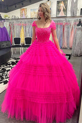 Fuchsia Tulle Lace Cap Sleeve Tiered Long Ball Gown