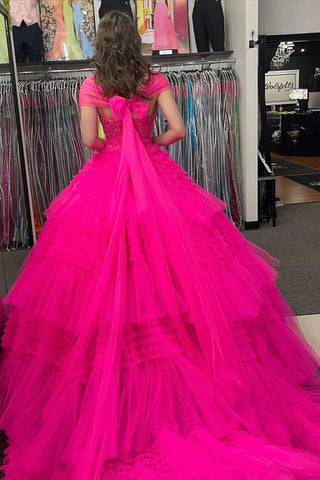 Fuchsia Tulle Lace Cap Sleeve Tiered Long Ball Gown