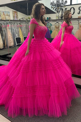 Fuchsia Tulle Lace Cap Sleeve Tiered Long Ball Gown