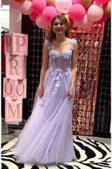 Lilac Sweetheart Straps Applique Boning Tulle Long Prom Dress