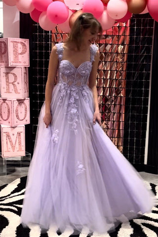 Lilac Sweetheart Straps Applique Boning Tulle Long Prom Dress