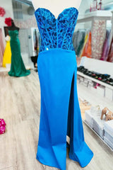 Blue Broken Mirror Strapless Long Prom Dress with Slit