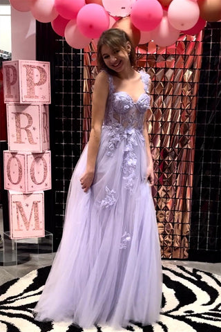 Lilac Sweetheart Straps Applique Boning Tulle Long Prom Dress