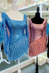 High-Low Sequin Feather Square Neck Long Sleeve Cocktail Dress