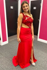 Red Cut Glass Mirror One-Shoulder Cutout Long Prom Dress with Slit