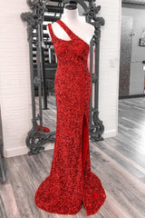 Red Sequin One-Shoulder Cutout Long Prom Dress with Slit