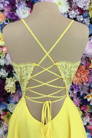 Yellow Lace Plunge V Lace-Up Back A-Line Short Dress