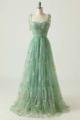 Light Green Floral Embroidery Sweetheart A-Line Prom Dress