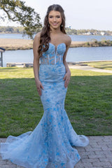 Blue Mermaid Strapless V Neck Boning Applique Tulle Long Prom Dress