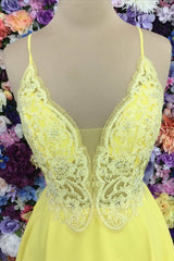 Yellow Lace Plunge V Lace-Up Back A-Line Short Dress