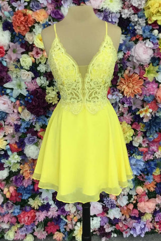 Yellow Lace Plunge V Lace-Up Back A-Line Short Dress